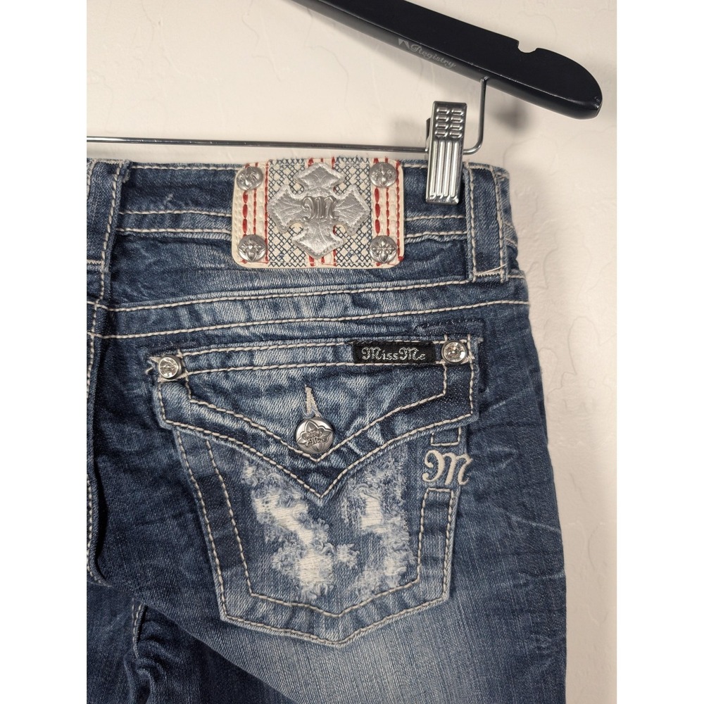 Miss Me Distressed Skinny Jeans in Dark Blue with Red Patch Accents - Picture 10 of 16